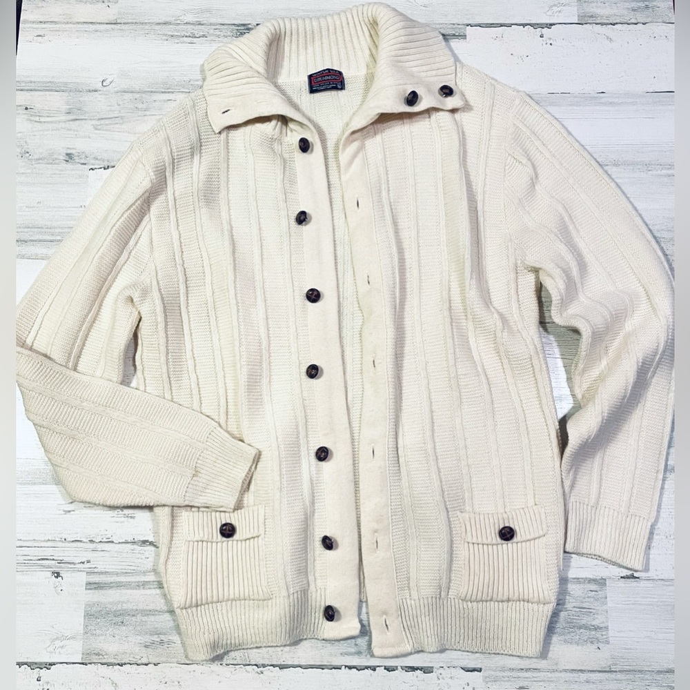 Vintage Wintuk Orlon Drummond Acrylic Cream Leather Button Grandma‎ Cardigan USA - Picture 2 of 10